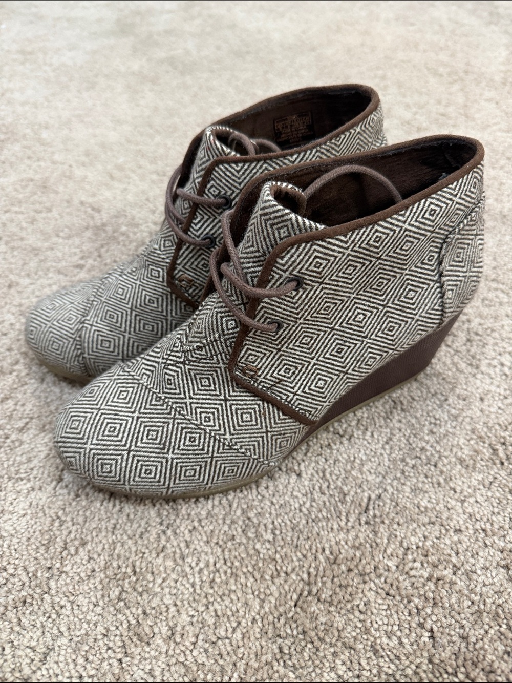 Toms Geo Print Wedge Ankle Booties in Brown and Cream